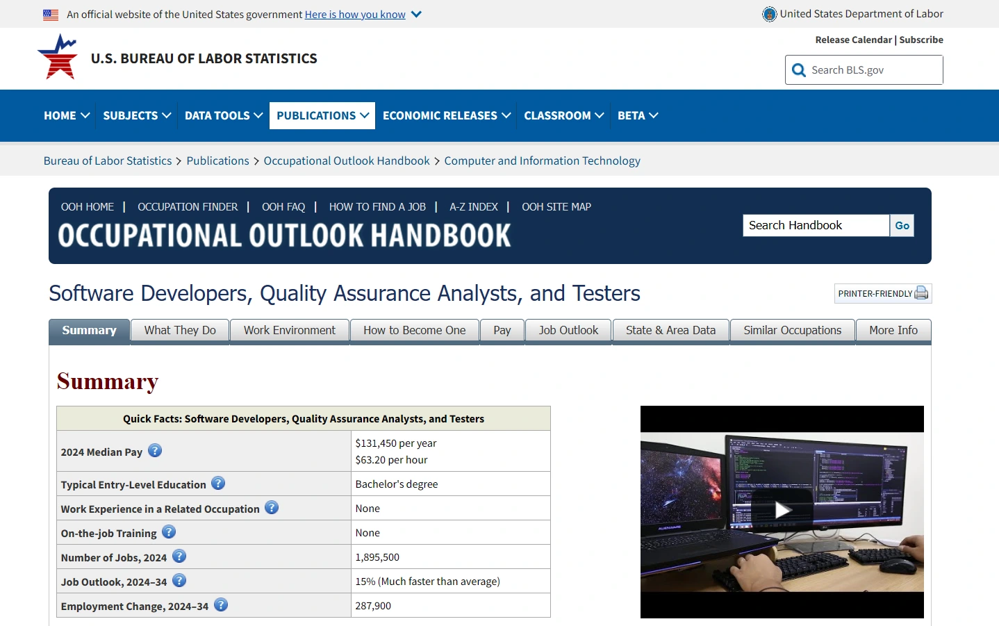 U.S. Bureau of Labor Statistics job outlook box showing 15% growth, much faster than average
